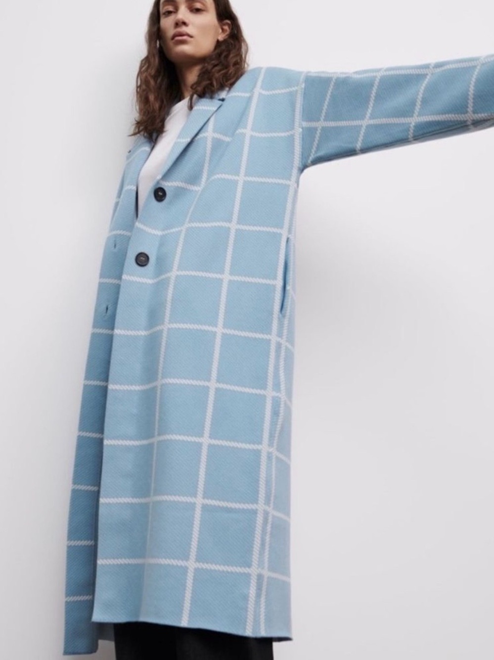 Zara Pale Blue Windowpane Long Coat